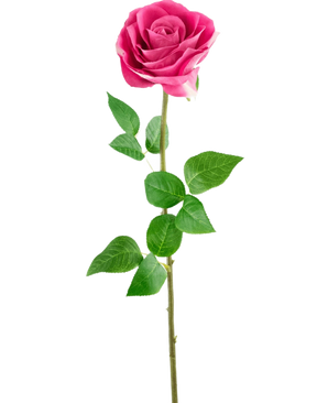 De Kunstroos Real Touch 56 cm roos is een enkele roze kunstroos met een lange groene steel en realistische groene bladeren, tegen een witte achtergrond.