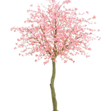 De Kunstboom Kersenbloesem roze 330 cm heeft een gebogen bruine stam en overvloedige roze bloemen tegen een effen witte achtergrond.