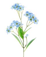Een Kunstbloem Orchidee Real Touch Blauw 50 cm met trossen tere lichtblauwe bloemen en enkele groene blaadjes staat tegen een effen witte achtergrond.