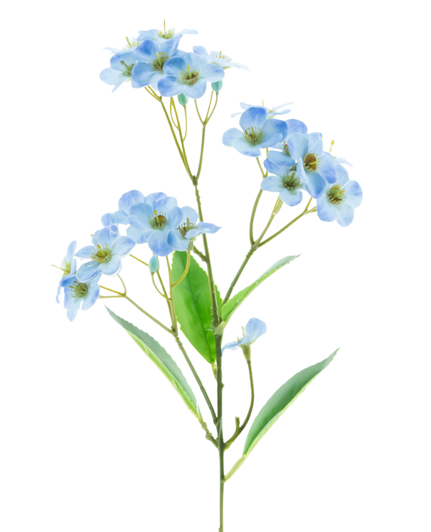 Een Kunstbloem Orchidee Real Touch Blauw 50 cm met trossen tere lichtblauwe bloemen en enkele groene blaadjes staat tegen een effen witte achtergrond.