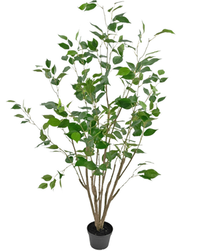 De Kunstplant Ficus 120 cm is een hoge kunstplant in pot met meerdere slanke bruine stengels en weelderige groene bladeren, in een compacte zwarte pot tegen een effen witte achtergrond.