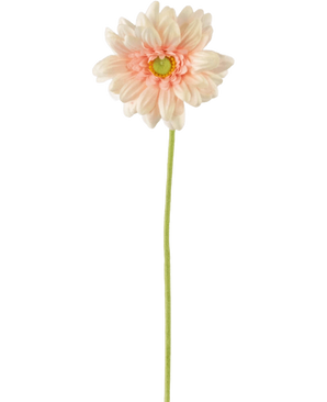 De Kunstbloem Gerbera mini 47 cm zachtroze heeft een enkele lichtroze margriet met zachte bloemblaadjes en een geelgroen hart op een lange, slanke groene steel, tegen een witte achtergrond.