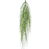 De Kunst hangplant Kelp gras 91 cm heeft een enkele stengel van donzig groen kunstloof met lange, dunne bladeren die sierlijk neervallen tegen een effen witte achtergrond.