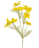 De Kunstbloem Cosmos 74 cm geel heeft levendige gele bloemen en vederlichte groene bladeren-ideaal als accent in je boeket samenstellen of als opvallende kunstbloem, prachtig uitgestald tegen een witte achtergrond.