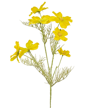 De Kunstbloem Cosmos 74 cm geel heeft levendige gele bloemen en vederlichte groene bladeren-ideaal als accent in je boeket samenstellen of als opvallende kunstbloem, prachtig uitgestald tegen een witte achtergrond.