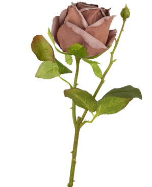 Een enkele stengel van de Kunstroos Deluxe 45 cm in gedroogd paars, met groene bladeren en een kleine knop, geïsoleerd op een witte achtergrond.