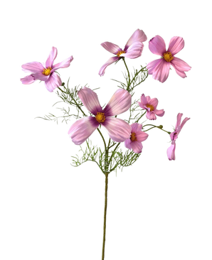 Een Kunstbloem Cosmos 74 cm roze stengel met meerdere roze bloesems en vederlicht groen blad, tegen een witte achtergrond.