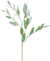 De Kunsttak Eucalyptus 86 cm groen heeft een enkele decoratieve eucalyptustak met slanke groene zijden bladeren en dunne bruine stengels, geïsoleerd afgebeeld op een witte achtergrond.