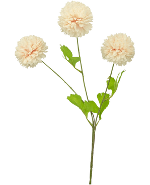 Drie roze Kunstbloem Jilly bloemen, elk 70 cm hoog met gelaagde bloemblaadjes op groene stelen en bladeren, geïsoleerd op een witte achtergrond.