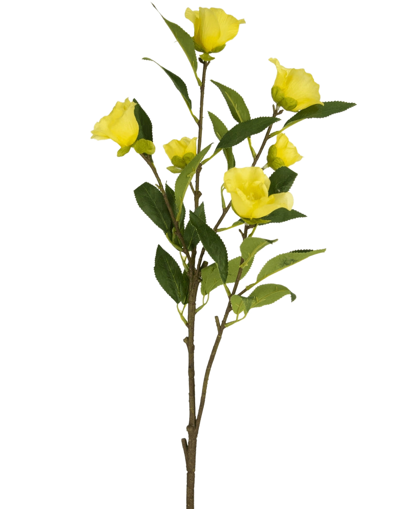 De Kunstbloem Camellia 80 cm geel heeft een enkele steel met meerdere felgele kunst camelia bloemen en groene bladeren, afgebeeld tegen een effen witte achtergrond.