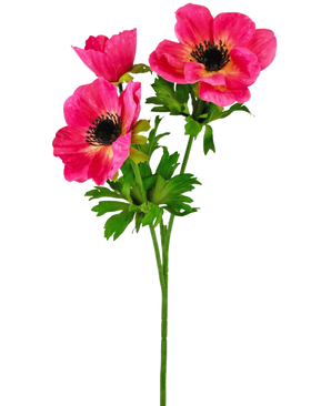 De Kunstbloem Anemoon vertakt 56 cm roze heeft een steel met drie felroze anemoonbloemen met een donker hart, omringd door groene bladeren, tegen een witte achtergrond.
