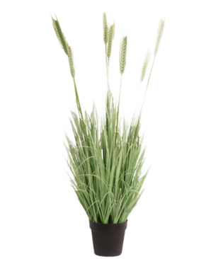 In een zwarte pot zit de Kunst Grasplant Groen 130 cm brandvertragend-hoog, groen, vlamvertragend kunstgras met tarwe-achtige aren-ideaal voor een sfeervolle inrichting.