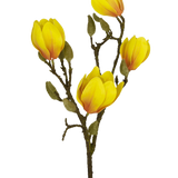 De Kunstbloem Magnolia 50 cm geel/oranje, met verschillende felgele en oranje bloemen met groene knoppen, valt op als een opvallende kunstbloemen decoratie tegen een effen witte achtergrond.