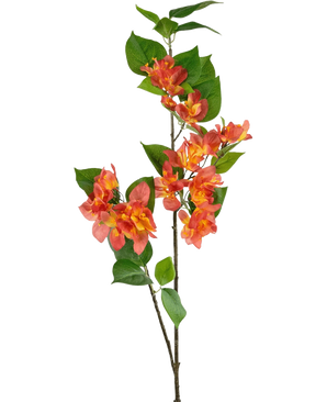 Een enkele steel van de Kunsttak Bougainvillea 81 cm perzik heeft levendige oranje en gele kunstbloemen met groene bladeren tegen een witte achtergrond.