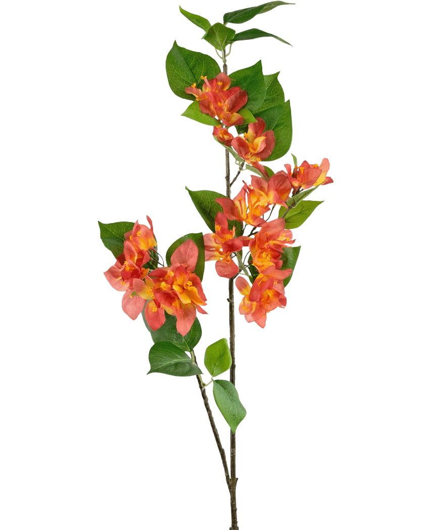 De Kunsttak Bougainvillea 81 cm perzik heeft een enkele steel met trossen perzikoranje en gele bloemen, aangevuld met groene bladeren, tegen een witte achtergrond.
