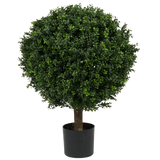De Kunstplant Buxus op stam romeinse stijl UV 85cm is een ronde, bladgroene kunstboom met dicht gebladerte en een enkele stam, in een eenvoudige zwarte pot tegen een effen witte achtergrond.