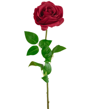 De Kunstroos Real Touch 53 cm rood is een enkele rode kunstroos met een lange groene steel en verschillende groene bladeren, tegen een witte achtergrond.