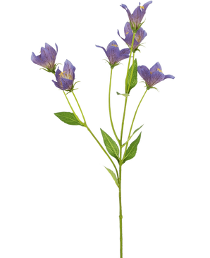 Het Kunstbloem Grasklokje 62 cm paars heeft een enkele groene stengel met meerdere takken, elk versierd met levendige paarse, klokvormige bloemen en groene bladeren, geïsoleerd op een witte achtergrond.