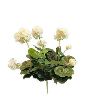 De Kunst Geranium 40 cm wit heeft weelderige groene bladeren en witte bloemen, gerangschikt op stevige stelen - ideaal om tijdloze elegantie toe te voegen aan je kunstplantencollectie.