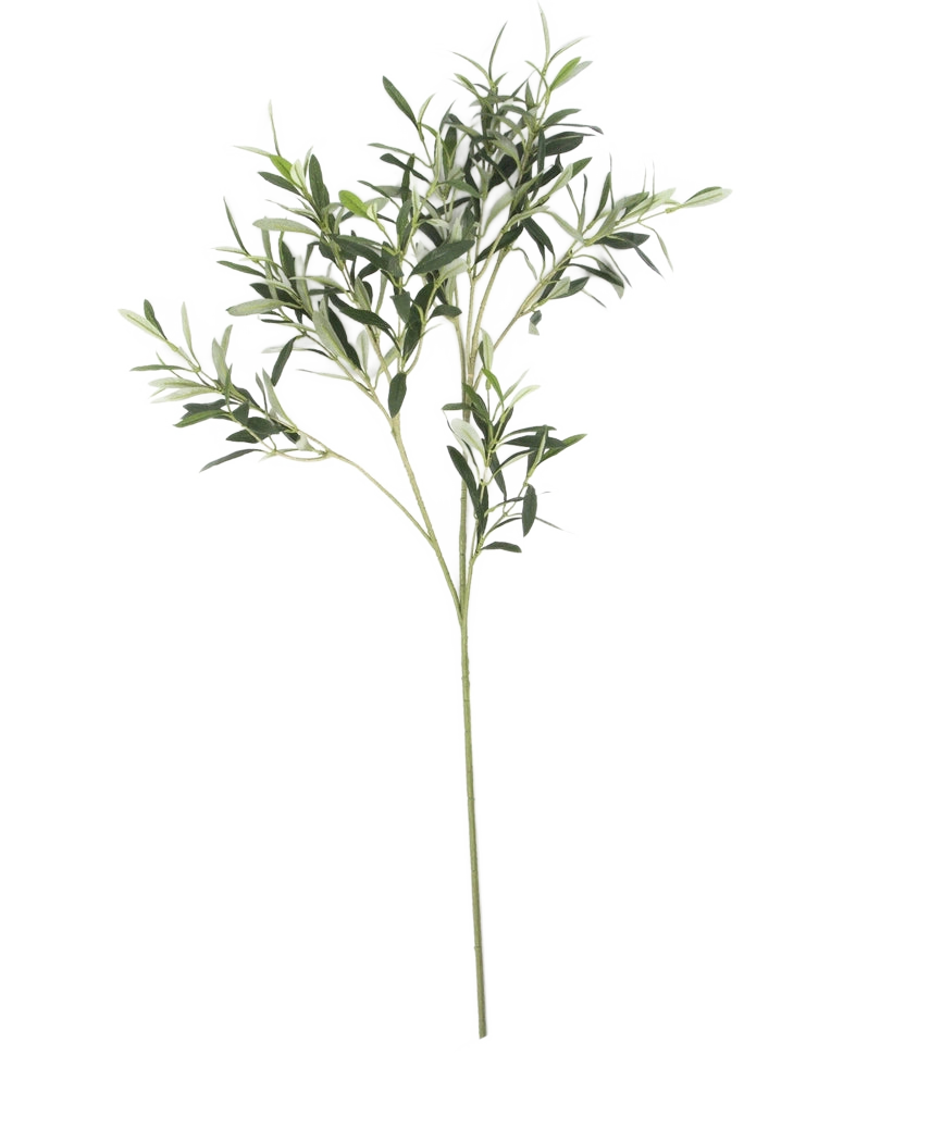 Het Kunst olijfblad 90 cm brandvertragend heeft slanke groene bladeren op een lange, dunne steel. Dit kunstblad is UV-bestendig en brandvertragend en wordt geïsoleerd getoond tegen een witte achtergrond.