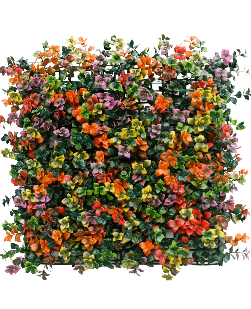 De Kunsthaag Pachysandra multi-color 50x50 cm UV is een vierkant paneel met dichte kunstgroene bladeren en kleine oranje, roze, gele en paarse bloemen voor een kleurrijk, levendig verticaal tuineffect.