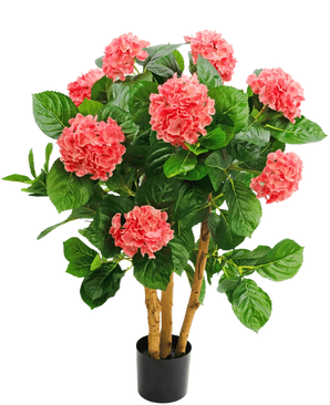 De Kunstplant Hortensia 85 cm roze is een kunstplant in pot met meerdere stelen en grote, levendige roze bloemtrossen omringd door weelderige groene bladeren, tegen een witte achtergrond.