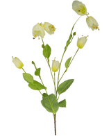De Kunstbloem Fritillary 94 cm wit heeft kunstbloemen met lichtgele bloemblaadjes en groene blaadjes op meerdere stelen, afgebeeld tegen een witte achtergrond.
