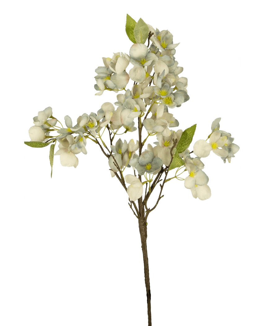 De Kunstbloem Bloesem 64 cm blauw is een enkele kunstbloementak met meerdere stelen met clusters van kleine blauwe bloesems en groene bladeren tegen een effen witte achtergrond.