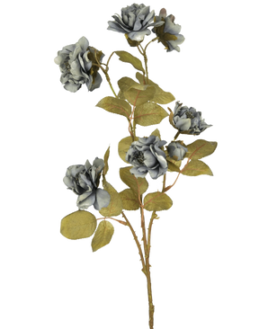 Een Kunstroos Nero 68 cm blauwe steel met verschillende blauwe kunstrozen en groene bladeren, geïsoleerd op een witte achtergrond.