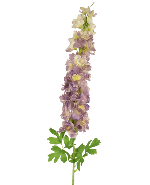 De Kunstbloem Delphinium 105 cm lila is een kunststeel van lichtpaarse en crème delphinium bloemen met groene bladeren, tegen een witte achtergrond.