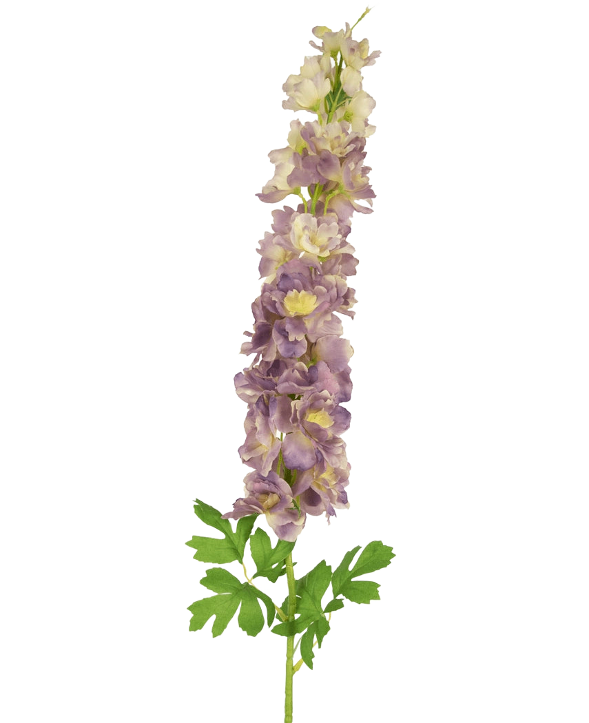 De Kunstbloem Delphinium 105 cm lila is een kunststeel van lichtpaarse en crème delphinium bloemen met groene bladeren, tegen een witte achtergrond.